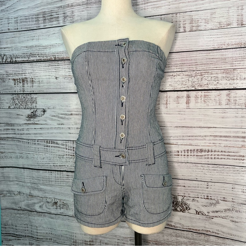 Guess Jeans 24 Strapless Denim Pinstripe Striped Romper Shorts Conductor